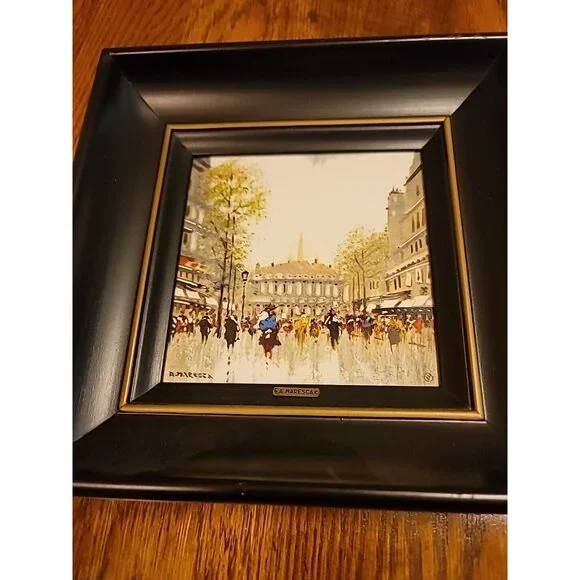 Lot of 2 "A Street in Paris" Paintings Oil Painted Tiles M. Maresca 1949. Set